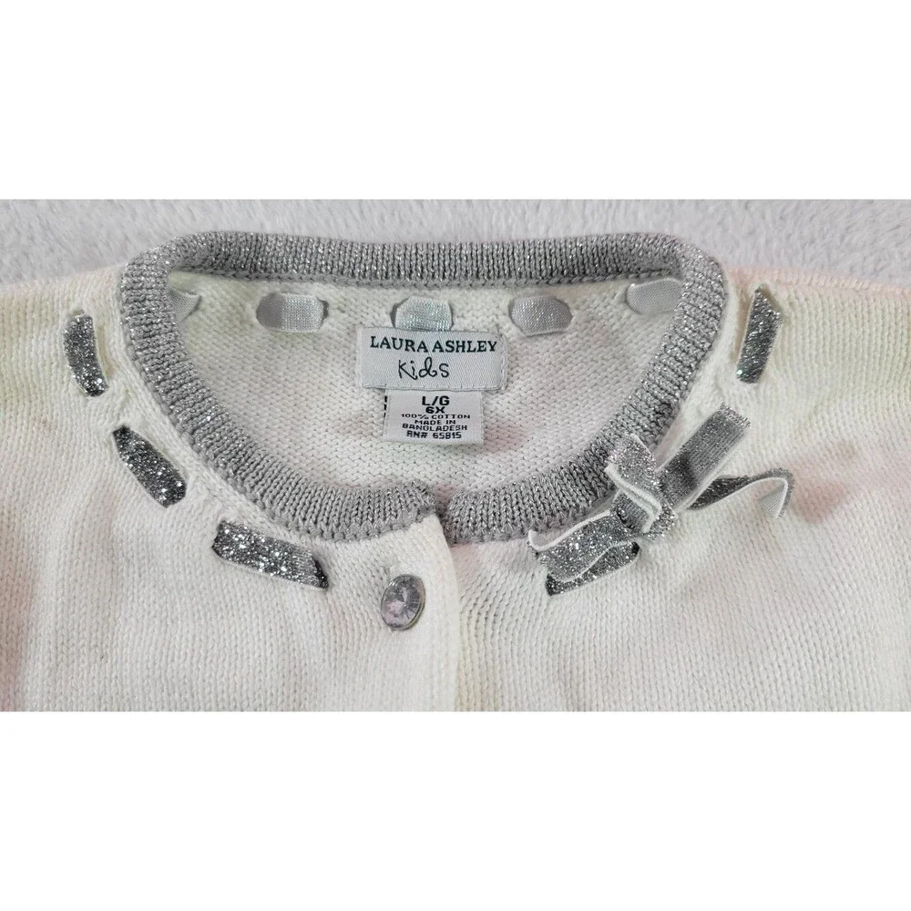 ​Laura Ashley Kids White Cardigan with Silver Trim & Rhinestone Buttons L/G 6X